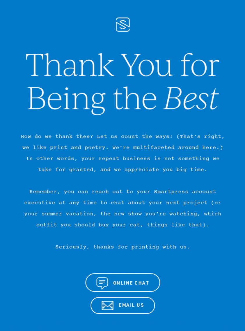 Thank you email example by Smartpress.