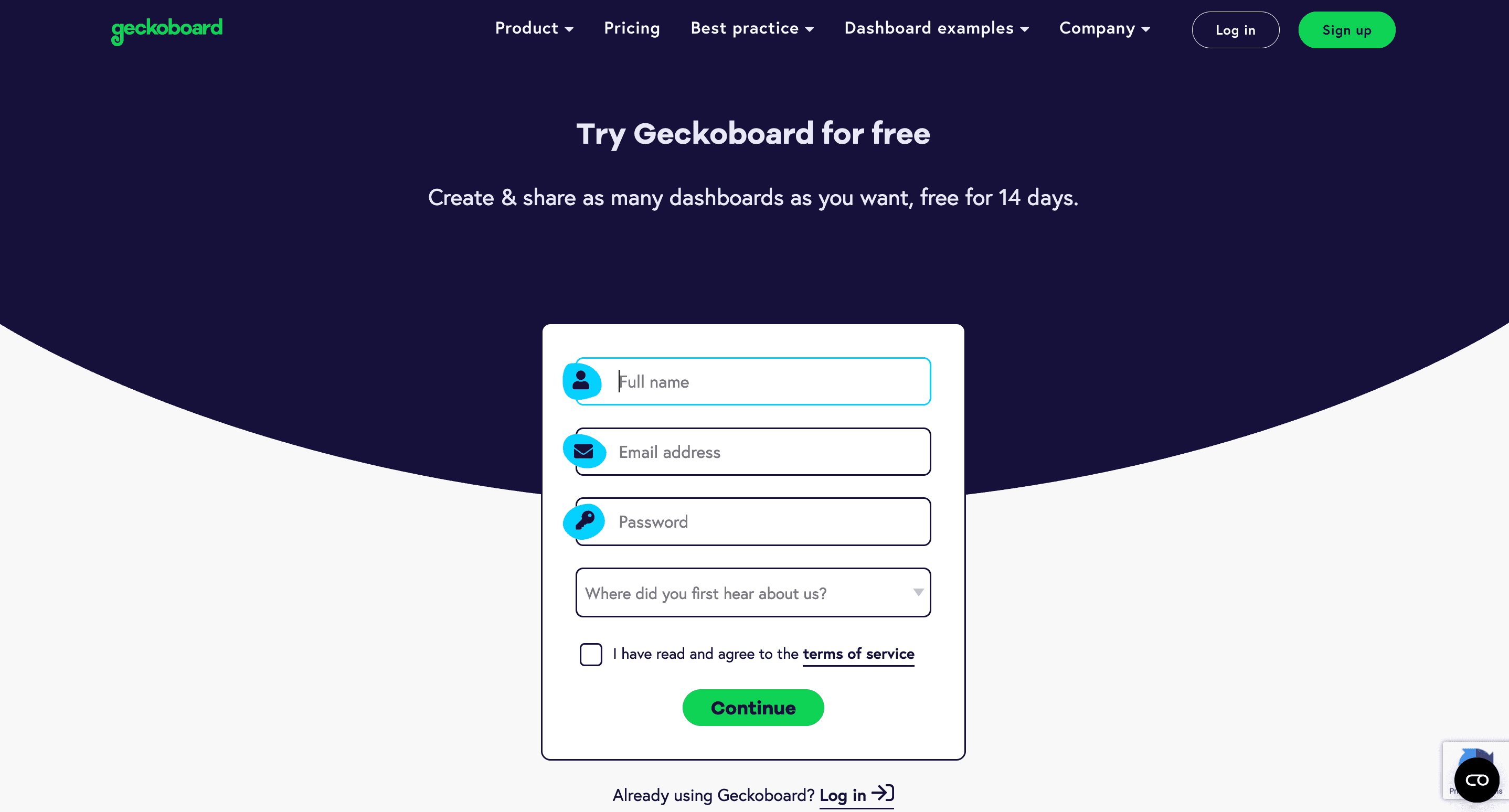 Landing page form example from Geckoboard.