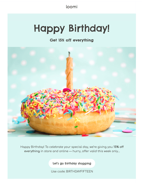 Birthday email example from Loomi