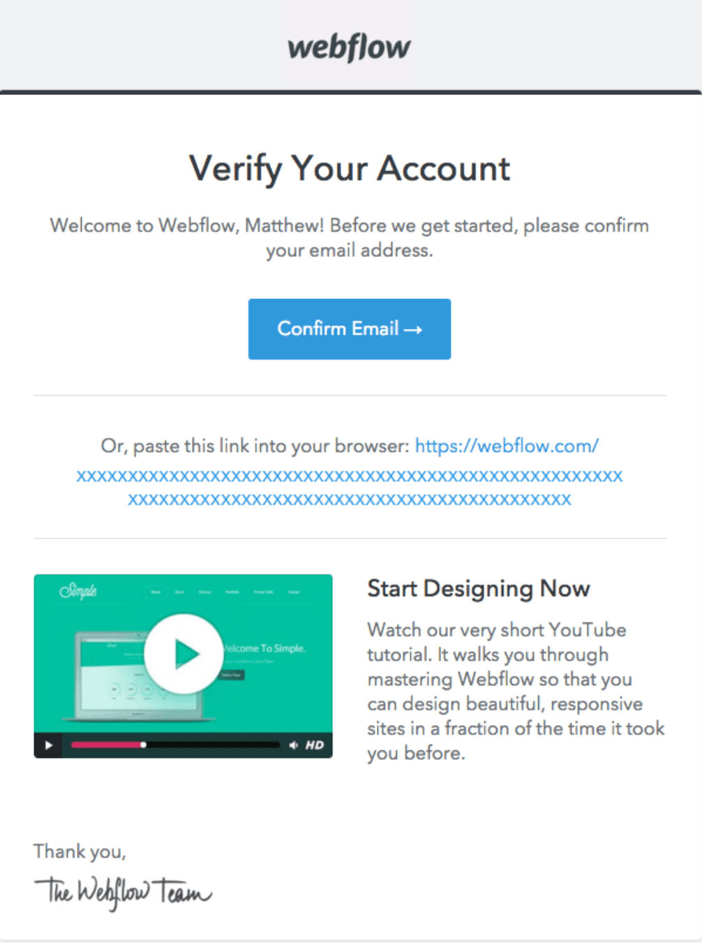 SaaS account confirmation email example by Webflow