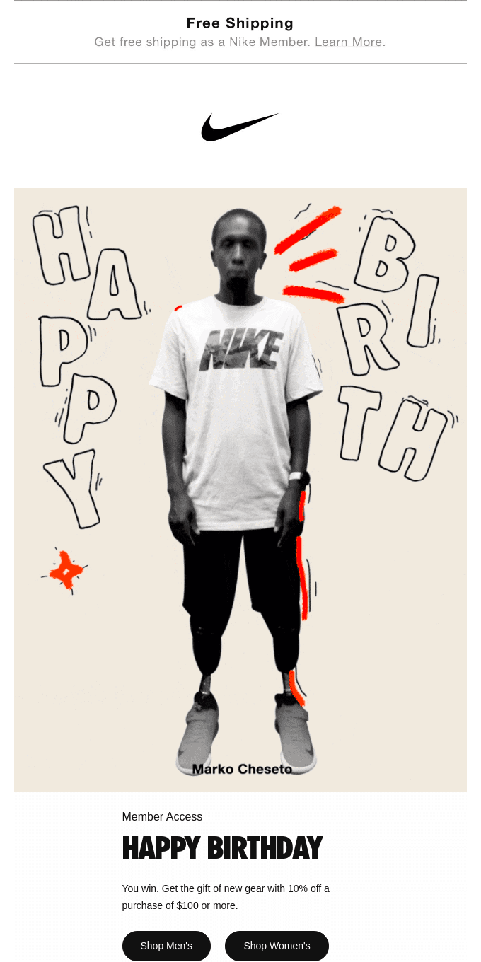 Birthday email example from Nike