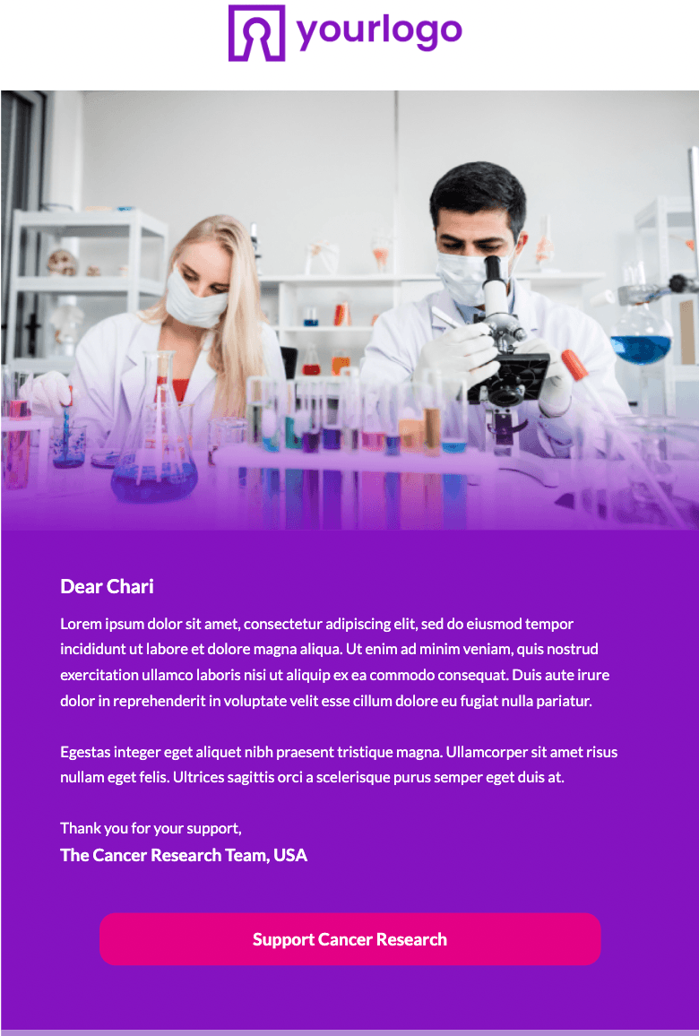 Purple-colored email template from Unlayer