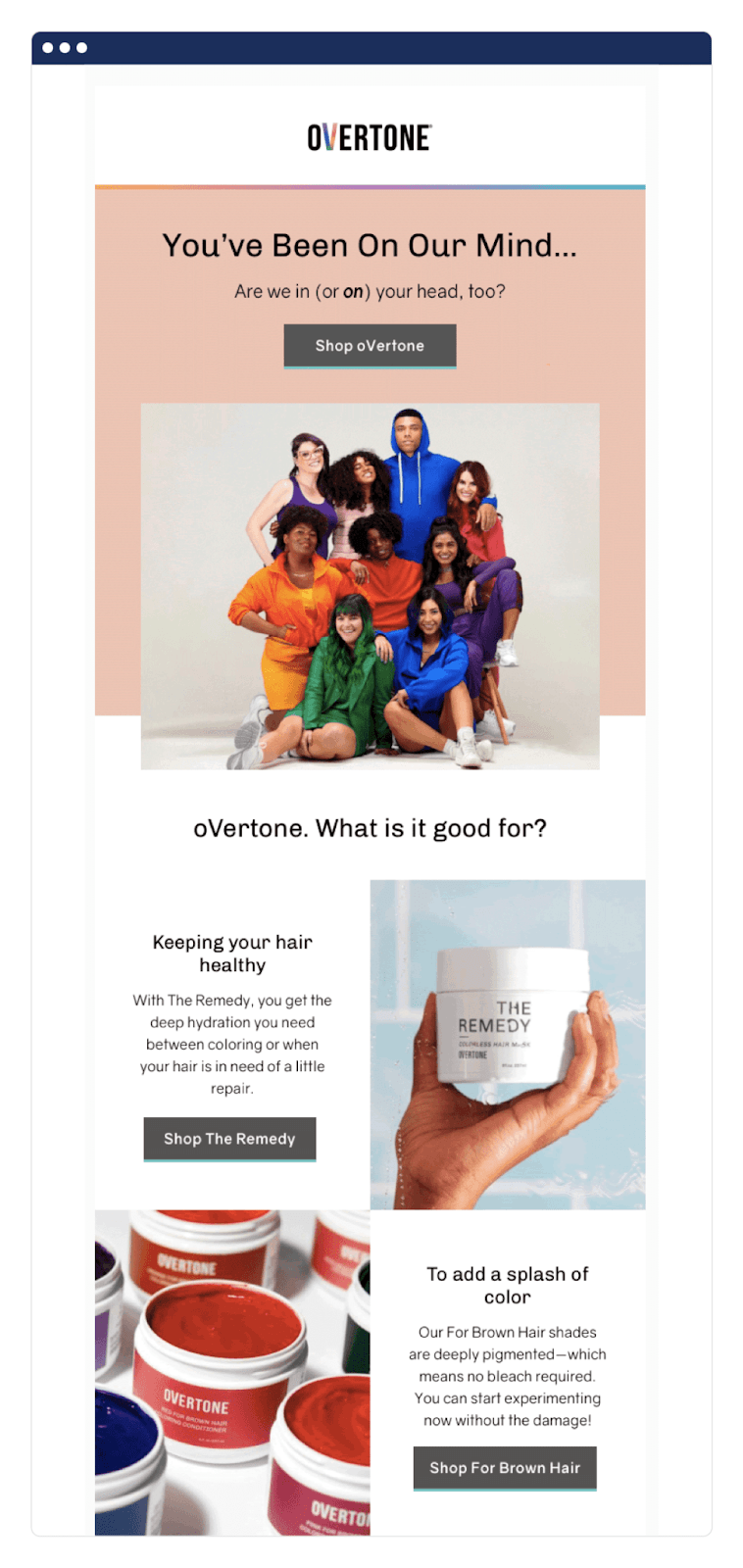 Re-engagement and personalized product recommendation email from oVertone. 